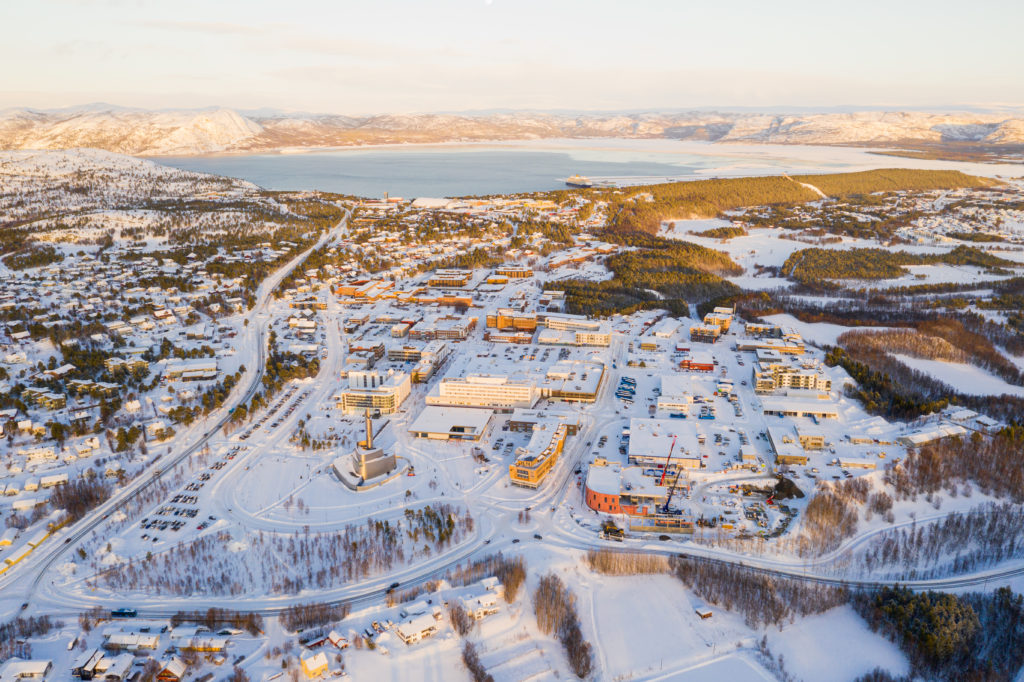 Aerial view of Alta city center in winter