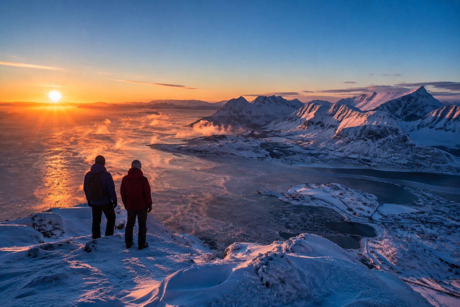 Arctic sunset view from a snowy mountaintop in Alta
